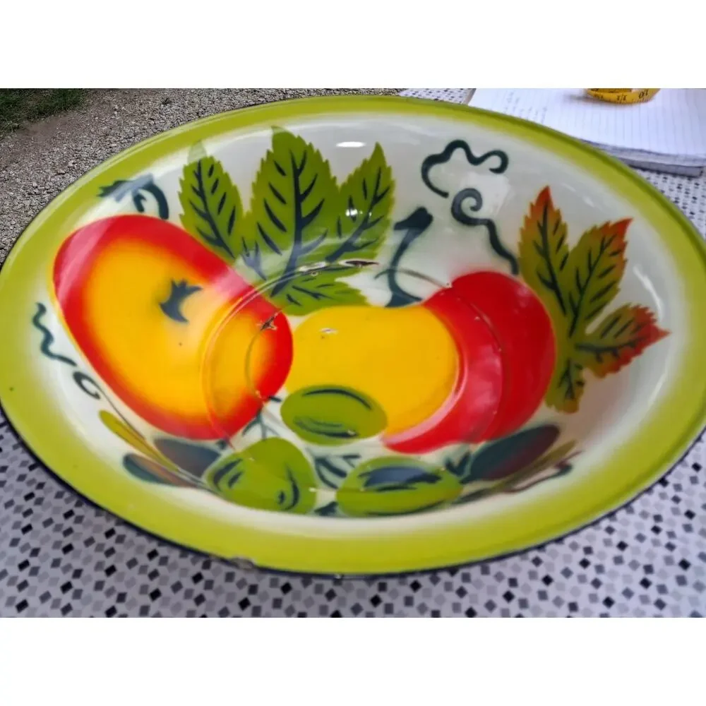 Vintage Enamel Metal Fruit Pattern Round Bowl 15 3/4 in Multicolor Painted